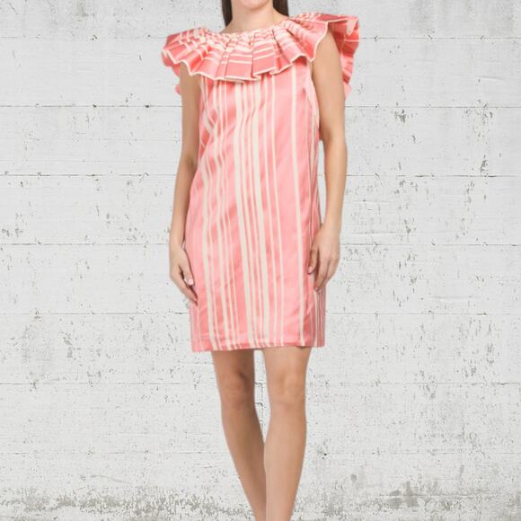 Trina Turk Pink White Striped Ruffle Neck Sleeveless Straight Mini Dress Size 10 - Picture 2 of 10